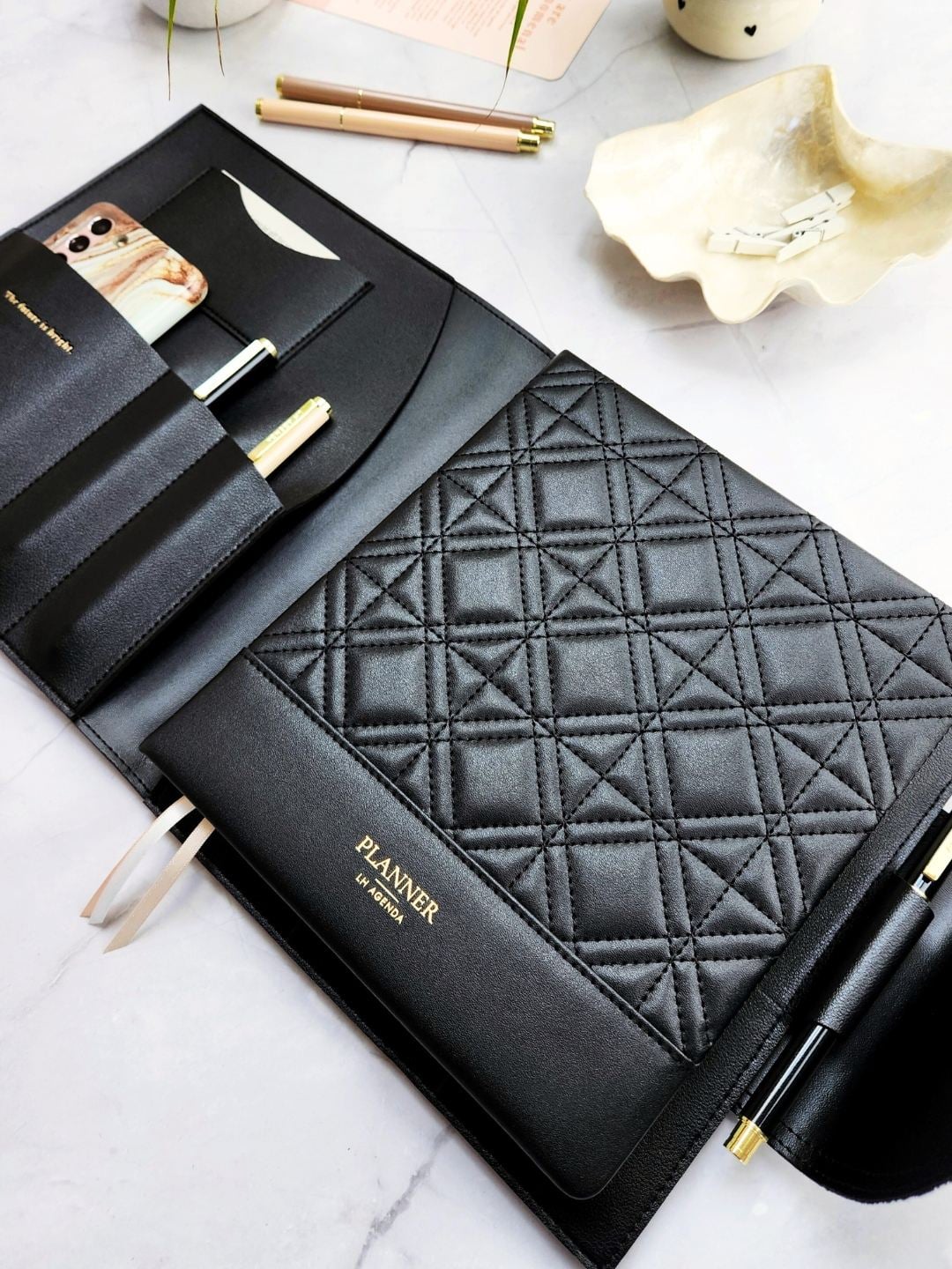 Compendium - Large - Black - LH Monogram + LH Planner - Weekly Large - Black - New Diamond Quilted