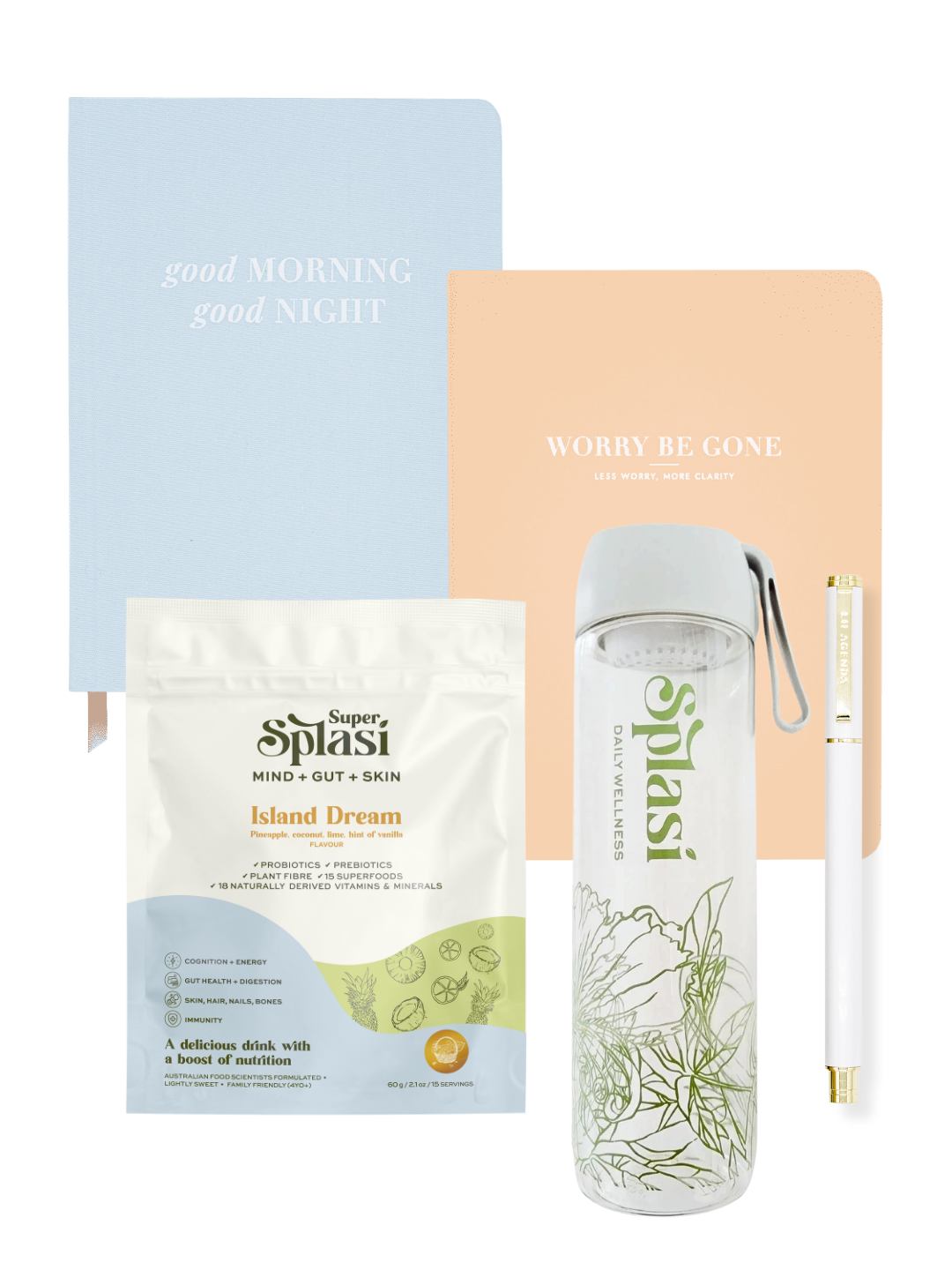 Inner Calm Bundle - Worry Be Gone, Good Morning Good Night Journal, Super Splasí, and the Splasí bottle